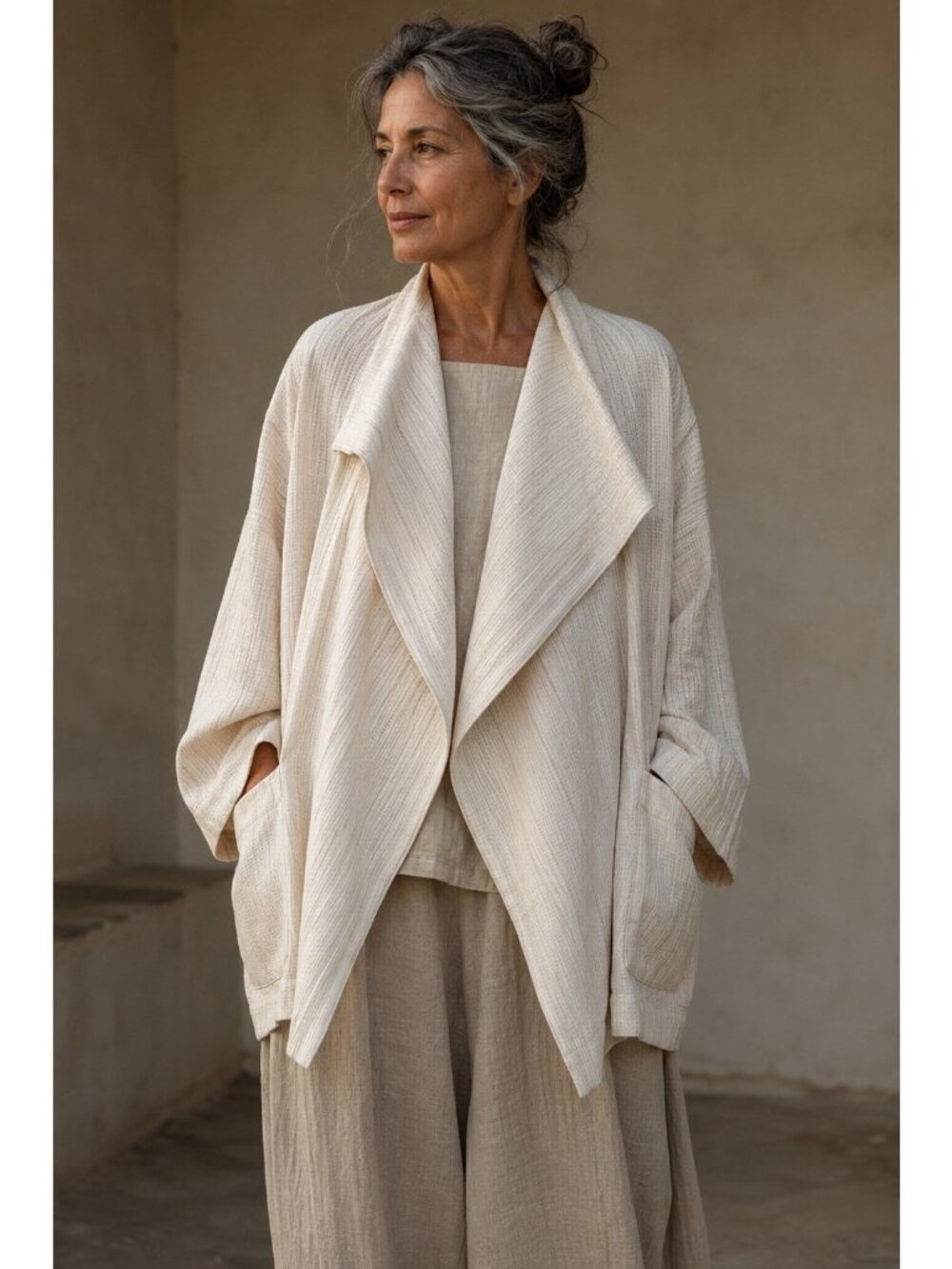 Eskandar Womens Jacket Sz 0 Small Cream Woven Wool Cashmere Open Front Luxury